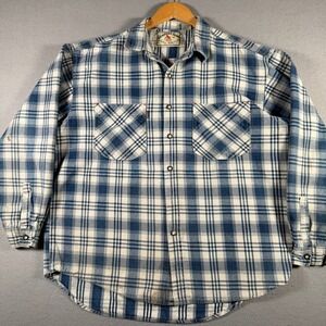 Vintage Comfort Zone Mens Blue White Plaid Cotton Flannel Shirt Size L 15042
